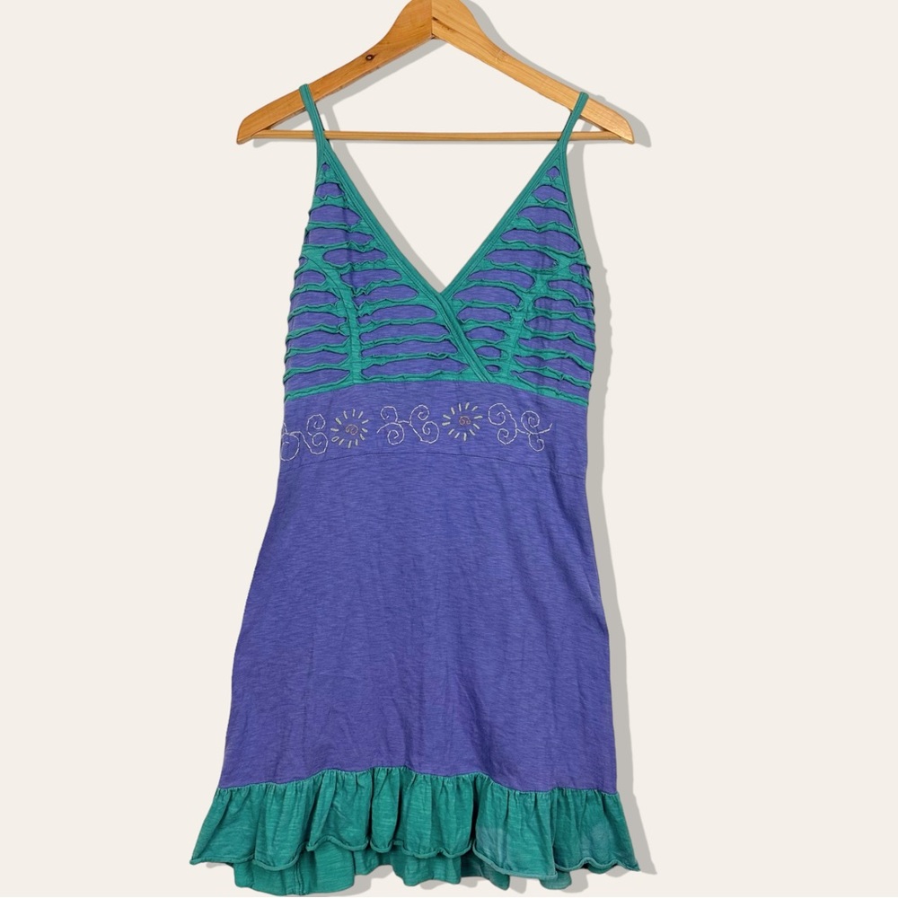 Vintage 90’s Boho Strapless Tie Halter Smocked Embroidered Ruffle Mini Dress L